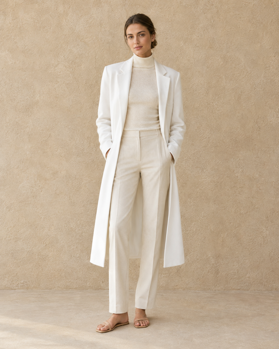 ONORA Whitfield Blazer-Cut Long White Coat — worn open