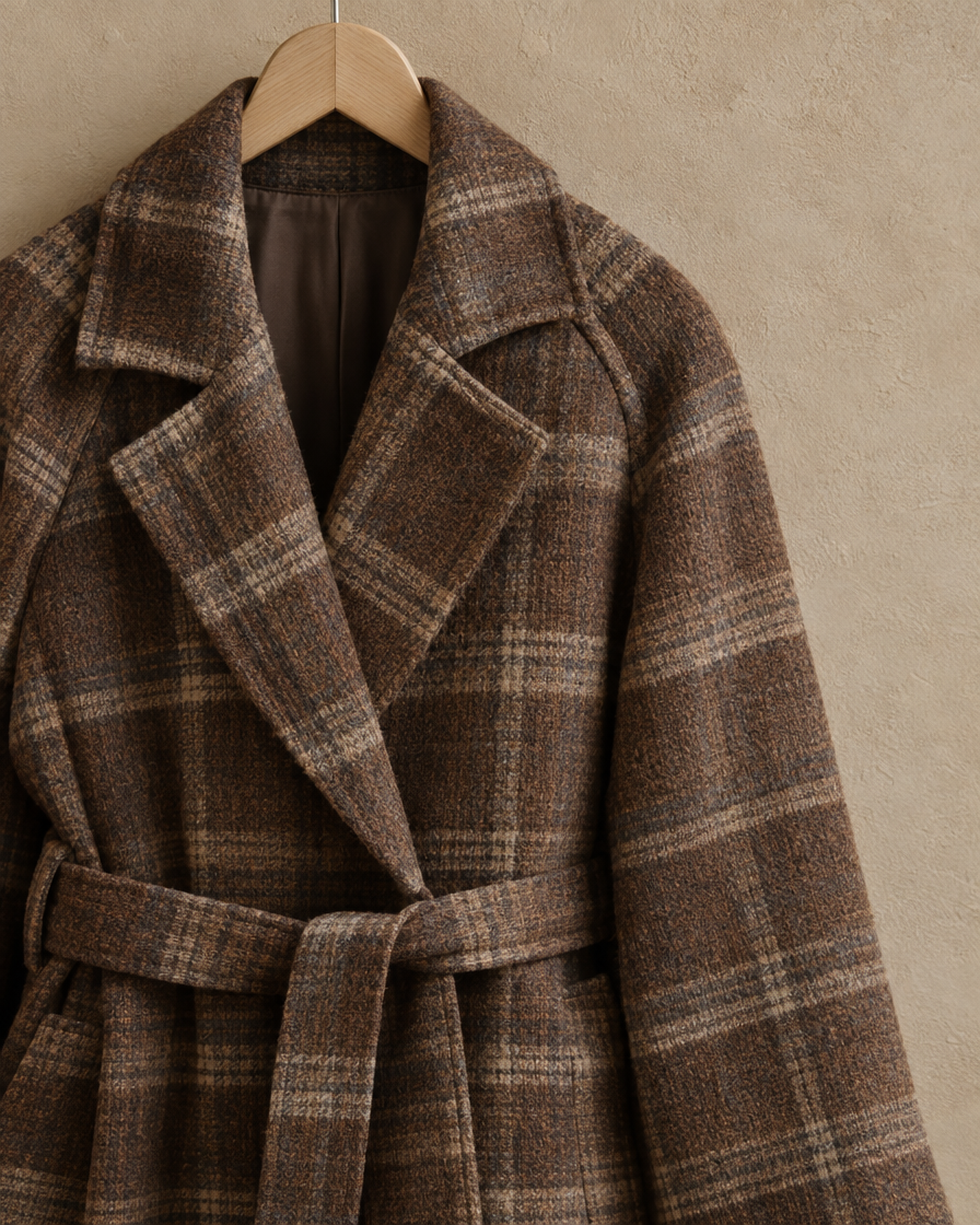 ONORA Weatherby Plaid Belted Winter Coat — lapel, belt and plaid detail