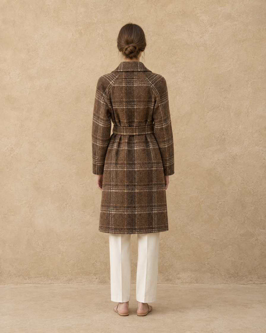 ONORA Weatherby Plaid Belted Winter Coat — full length back