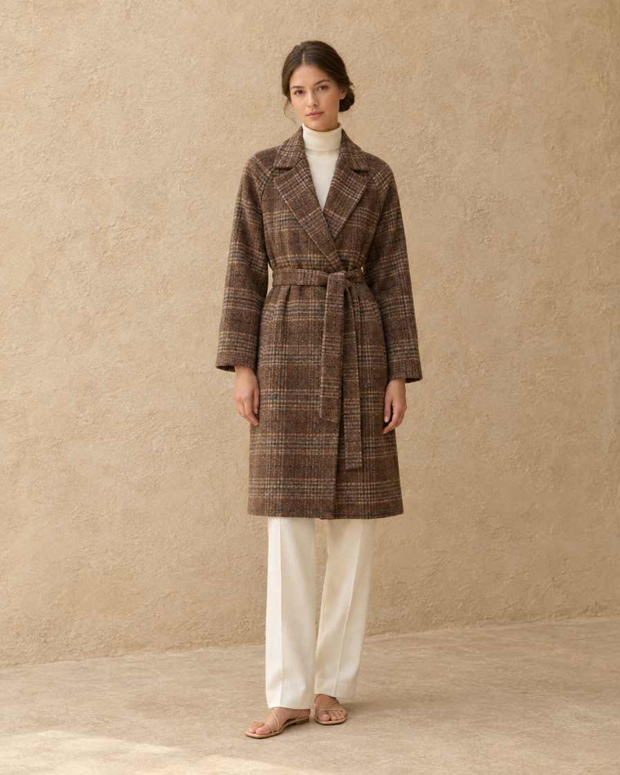 ONORA Weatherby Plaid Belted Winter Coat — full length front, Brown