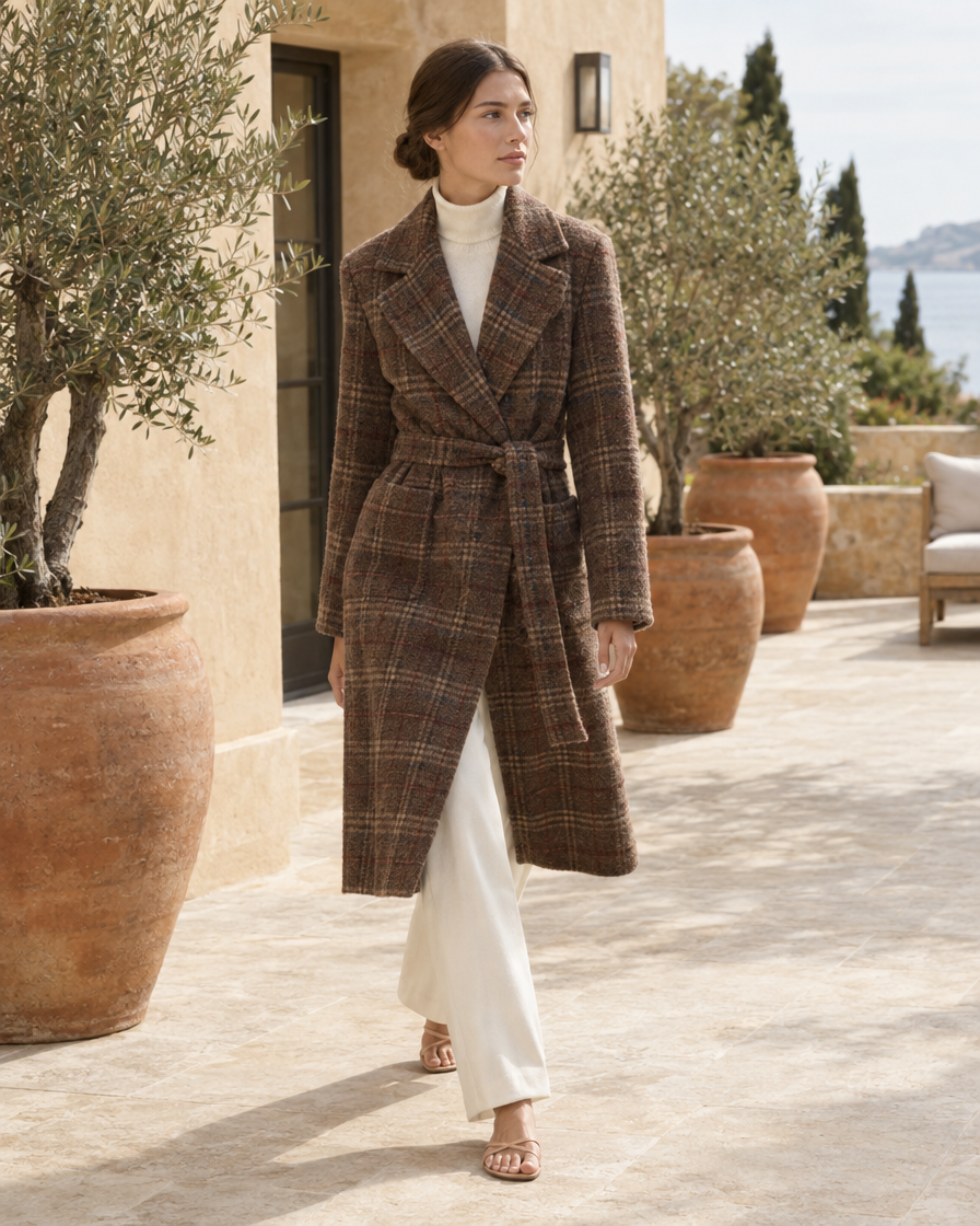 ONORA Weatherby Plaid Belted Winter Coat — worn on a villa terrace
