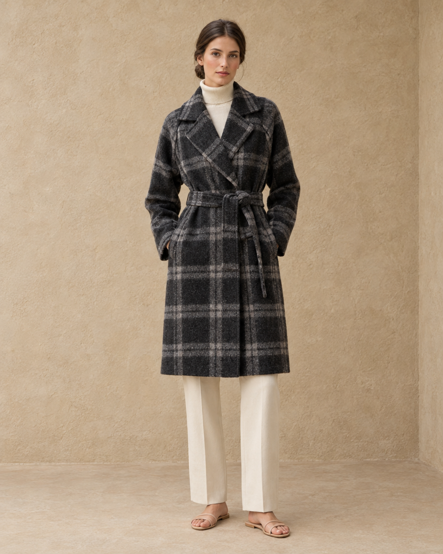 ONORA Weatherby Plaid Belted Winter Coat — Black