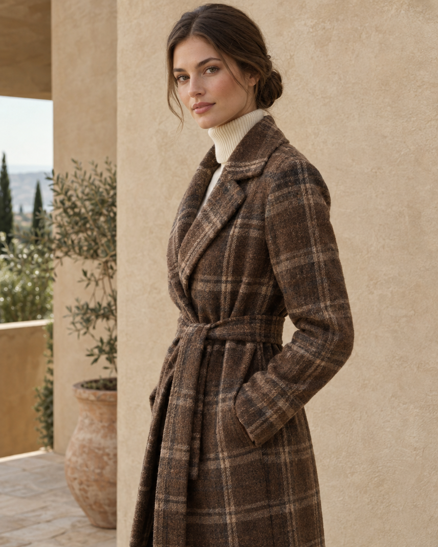 ONORA Weatherby Plaid Belted Winter Coat — three-quarter view