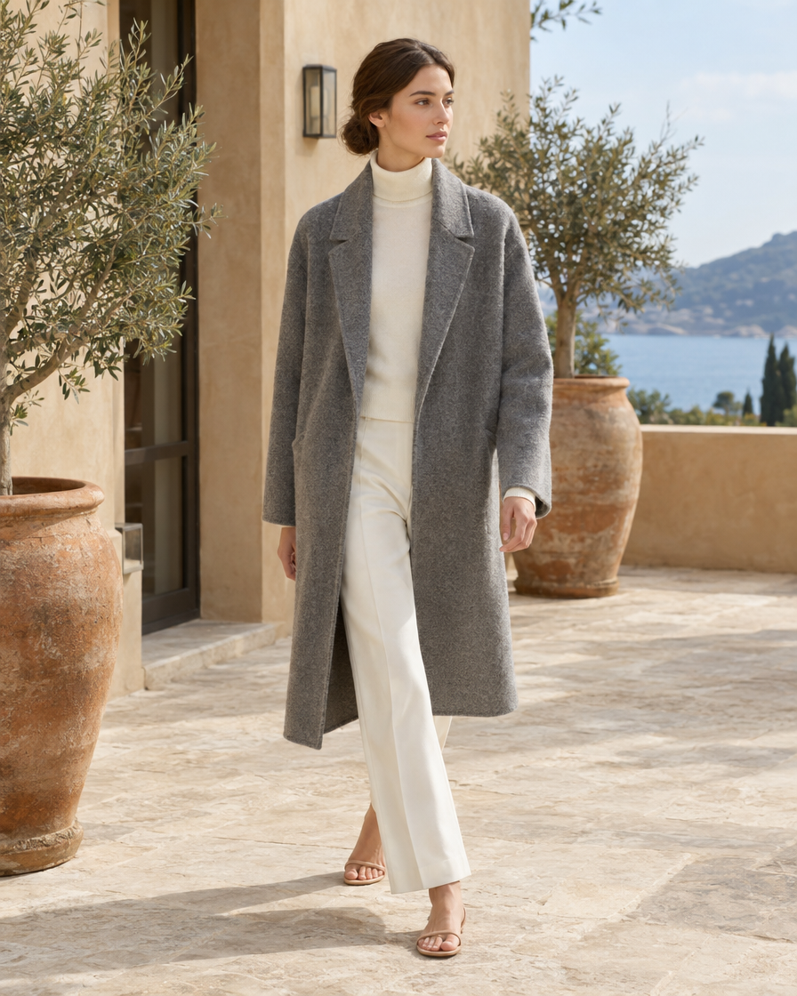 ONORA Thornhill Mid-Length Wool-Blend Coat — worn on a villa terrace