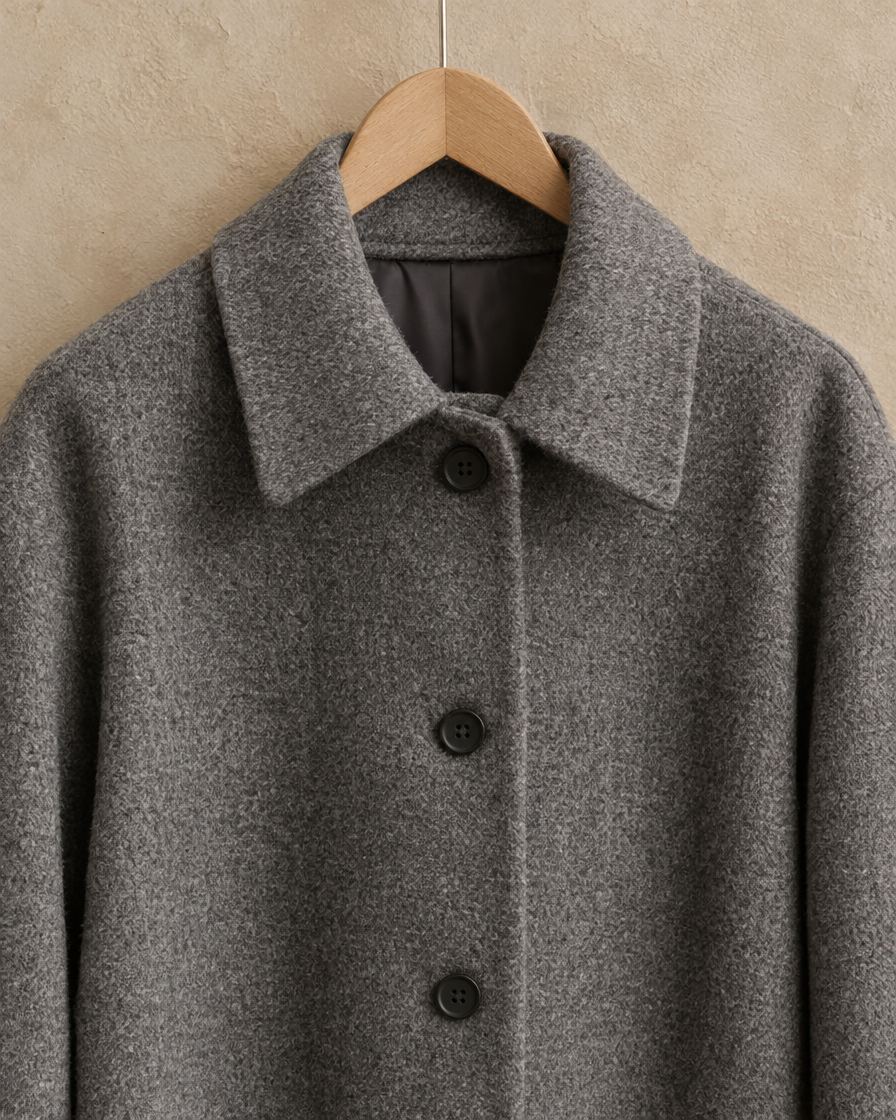 ONORA Thornhill Mid-Length Wool-Blend Coat — collar and button detail