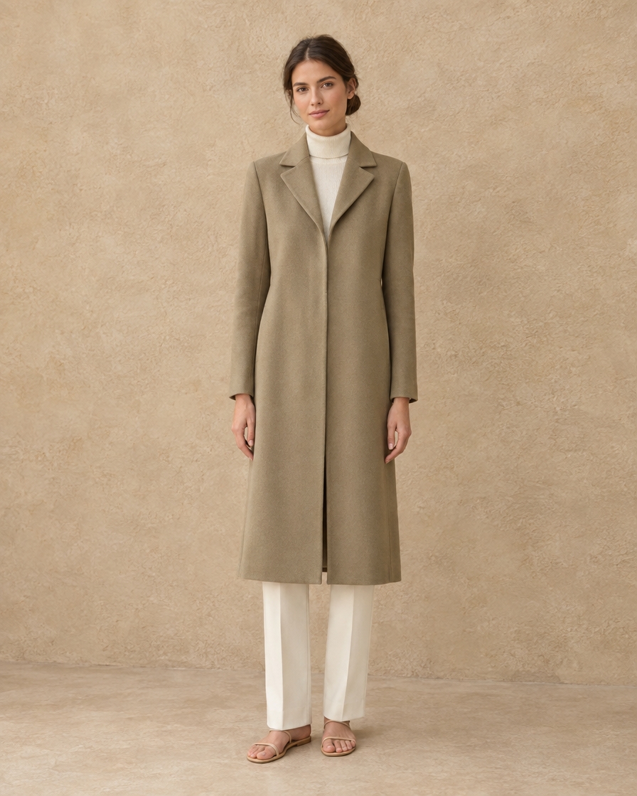 Slim-Fit Longline Coat for Women — full length front, Khaki