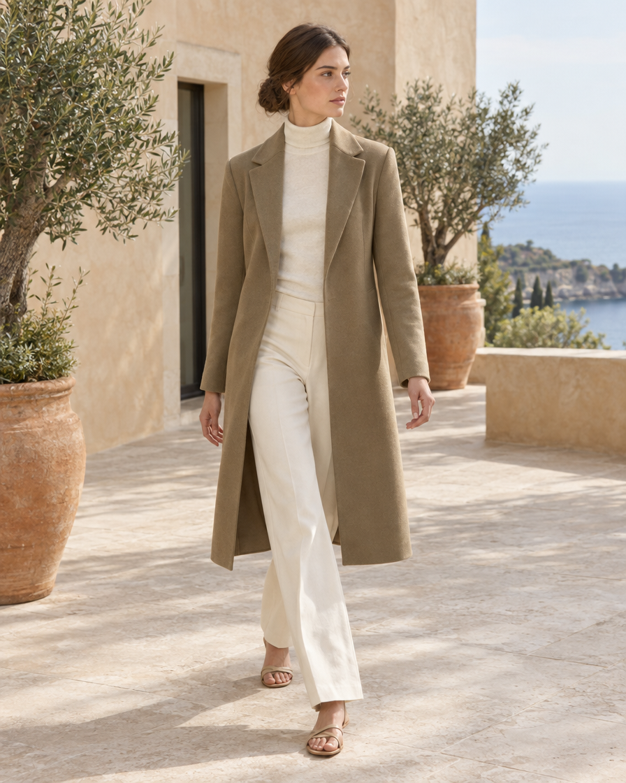 Slim-Fit Longline Coat for Women — worn outdoors