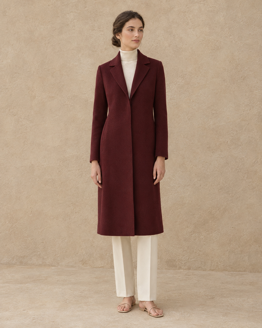 Slim-Fit Longline Coat for Women — Burgundy