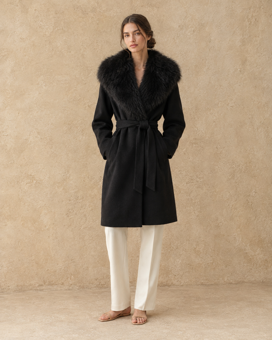 ONORA Rosslyn Belted Coat with Faux Fur Collar — Black