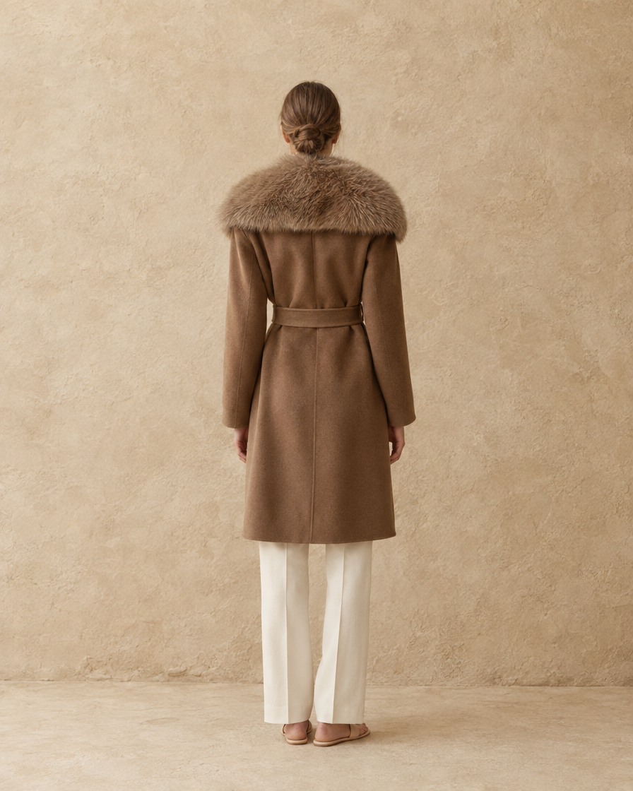ONORA Rosslyn Belted Coat with Faux Fur Collar — full length back