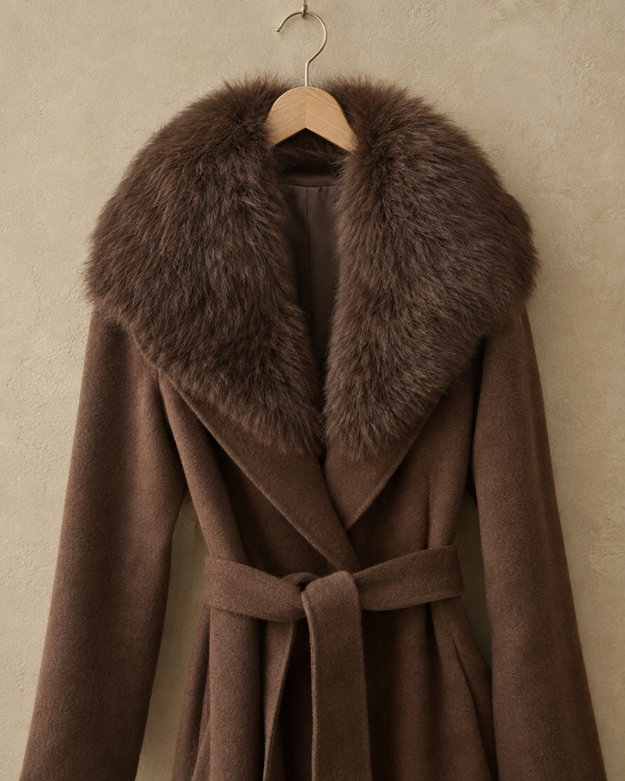ONORA Rosslyn Belted Coat with Faux Fur Collar — faux fur collar and belt detail