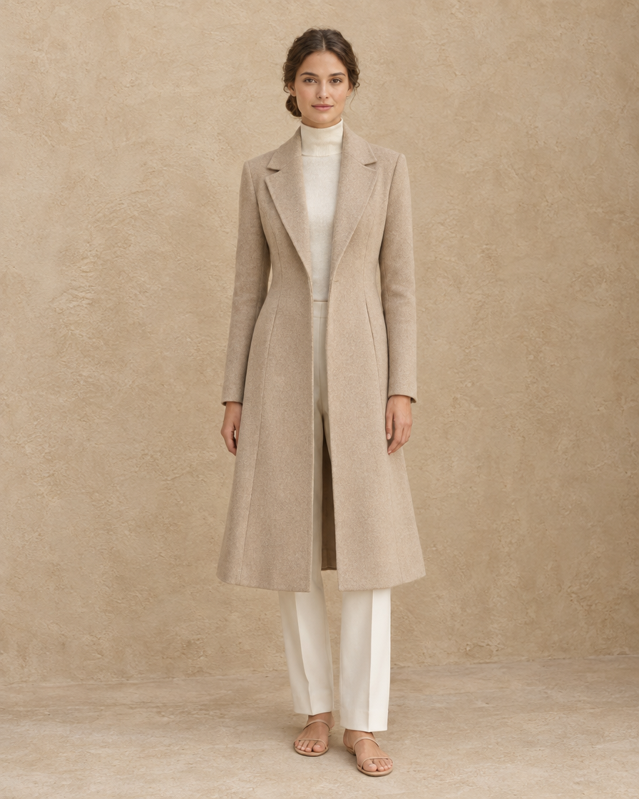 ONORA Sagaponack Notched-Lapel Long Tailored Coat — full length front, Beige