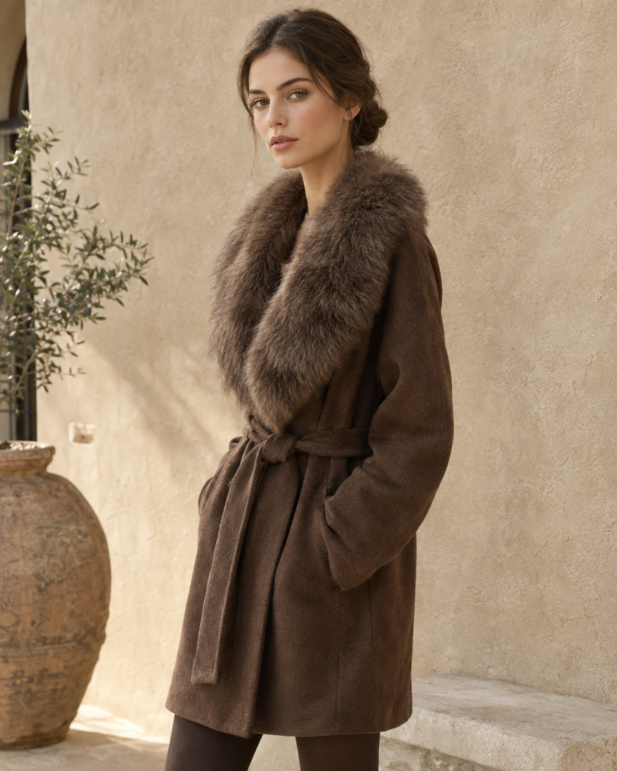 ONORA Rosslyn Belted Coat with Faux Fur Collar — three-quarter view