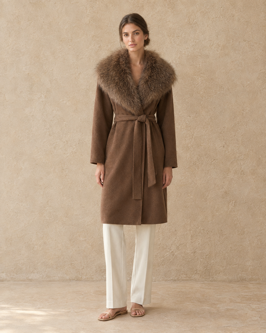 ONORA Rosslyn Belted Coat with Faux Fur Collar — full length front, Brown