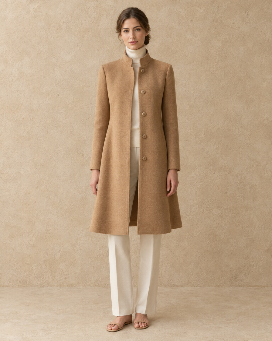 A-Line Coat with Stand Collar — full length front, Camel