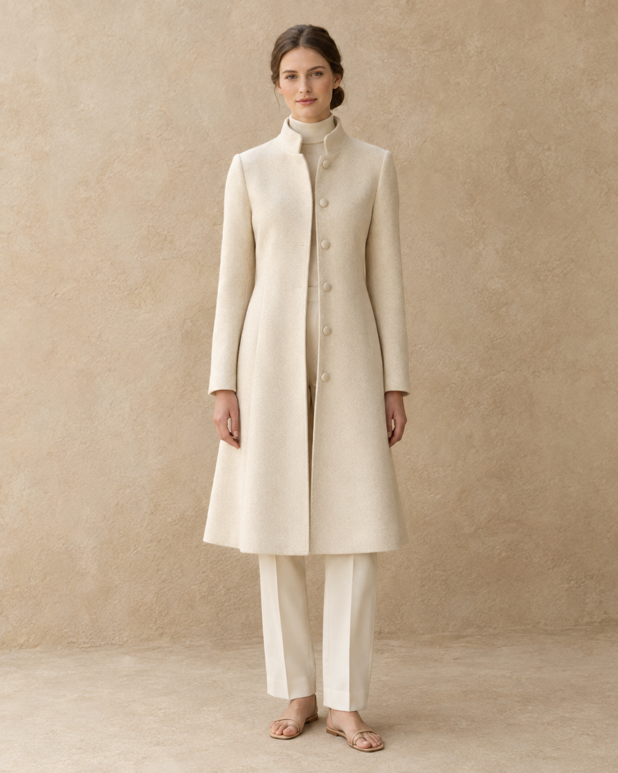 A-Line Coat with Stand Collar — Cream