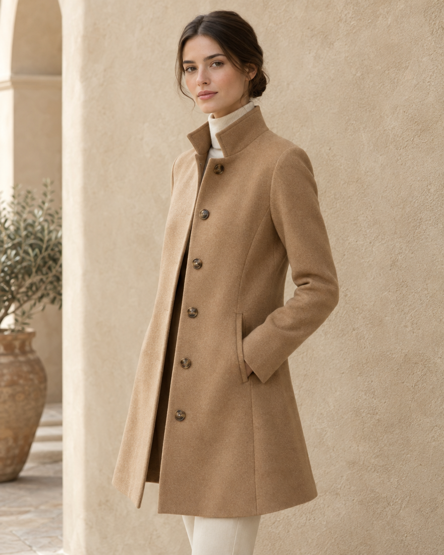 A-Line Coat with Stand Collar — three-quarter view