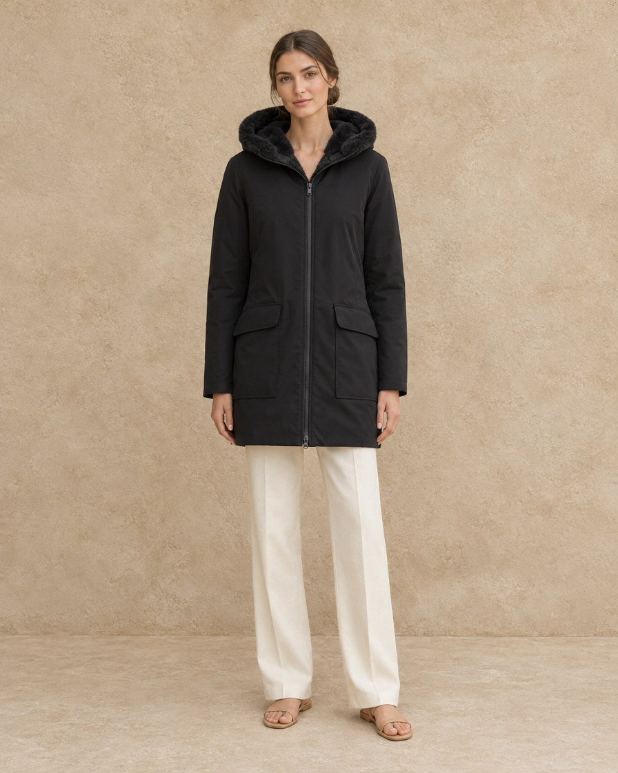 ONORA Prairie Flap-Pocket Hooded Parka — full length front, Black