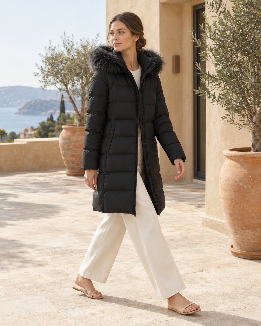 ONORA Ardmore Long Hooded Puffer Coat — worn on a villa terrace