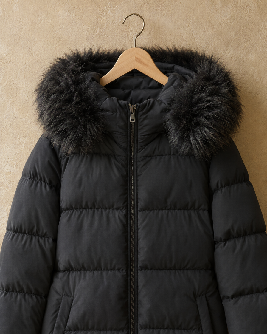 ONORA Ardmore Long Hooded Puffer Coat — faux fur hood detail