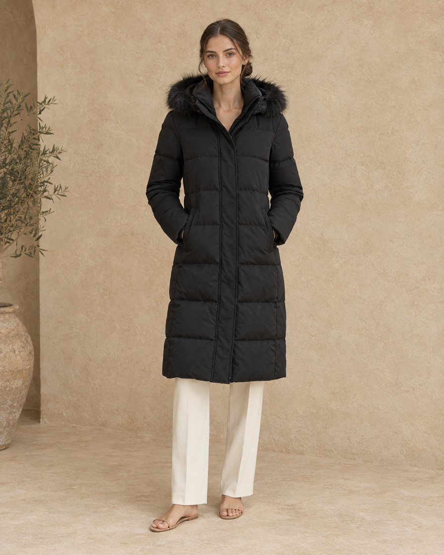ONORA Ardmore Long Hooded Puffer Coat — full length front, Black