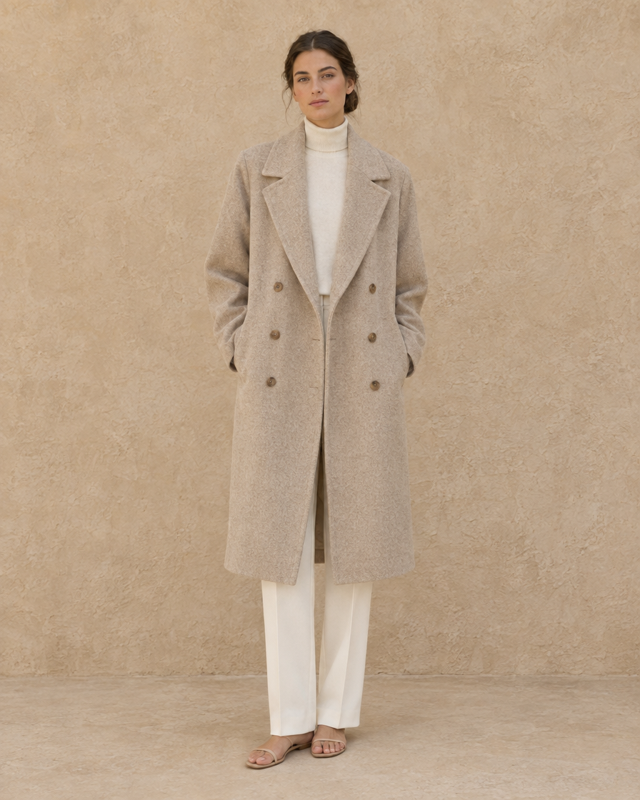 ONORA Ashford Long Double-Breasted Overcoat — full length front, Oatmeal