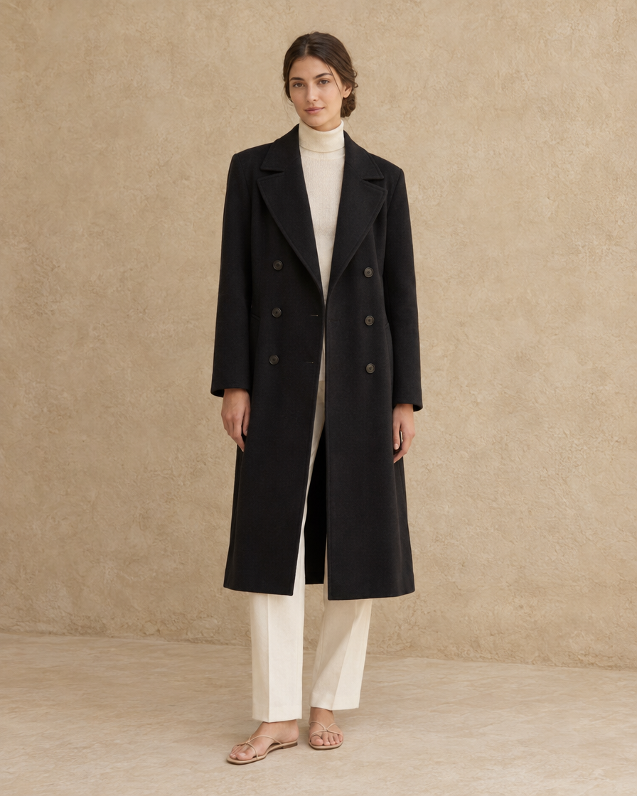 ONORA Ashford Long Double-Breasted Overcoat — Black