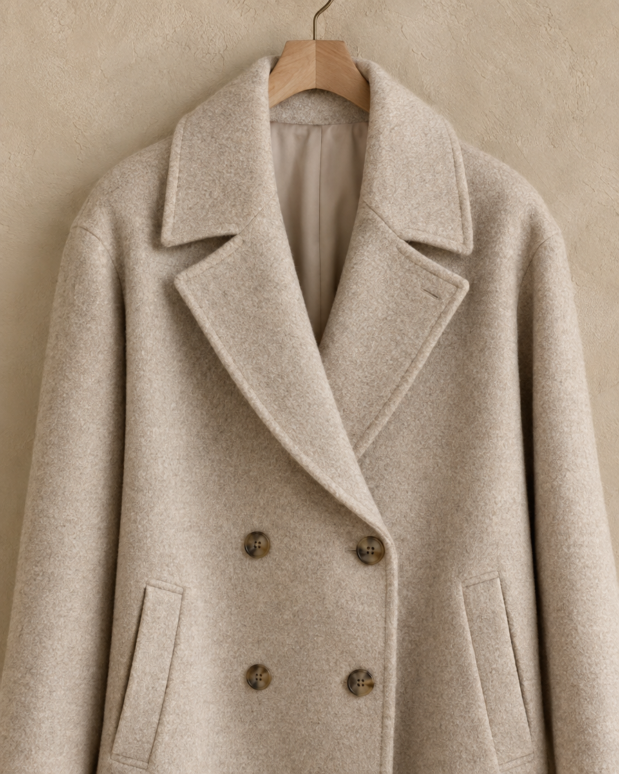 ONORA Ashford Long Double-Breasted Overcoat — lapel and double-button detail