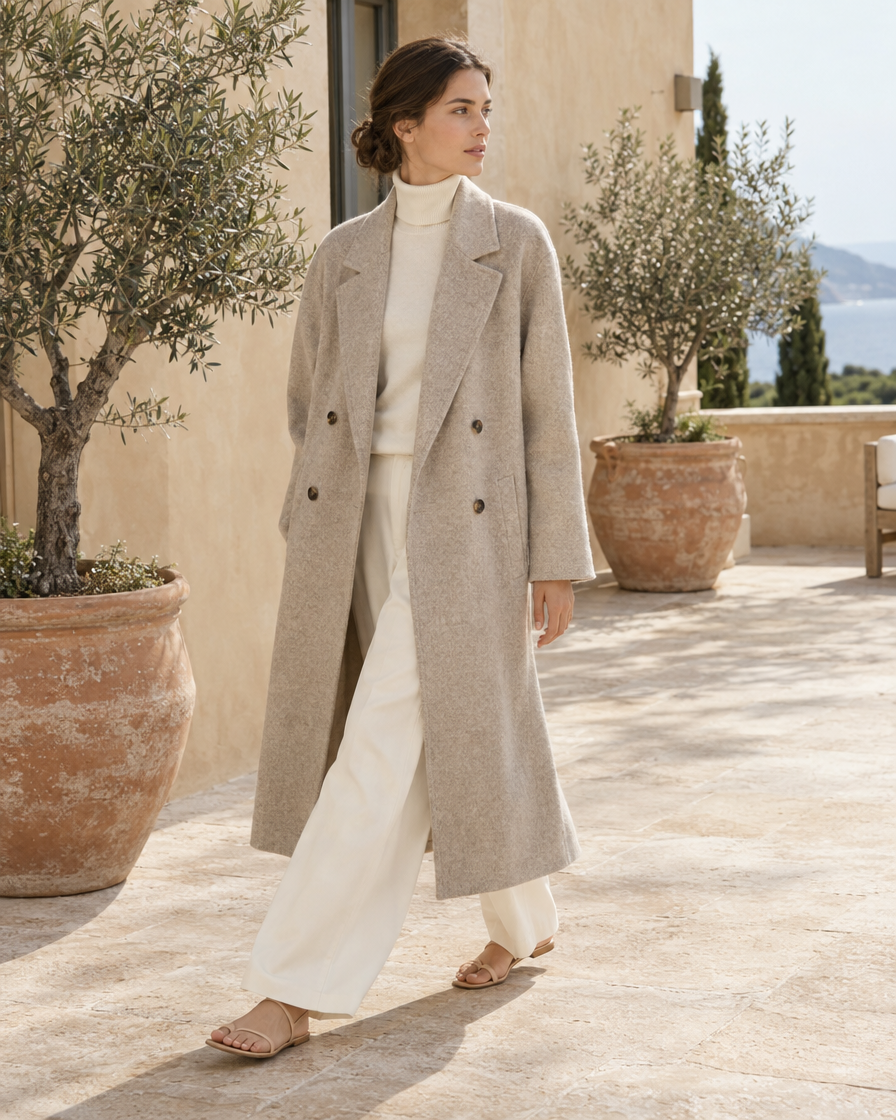 ONORA Ashford Long Double-Breasted Overcoat — worn on a villa terrace