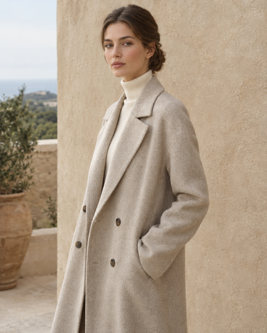 ONORA Ashford Long Double-Breasted Overcoat — three-quarter view
