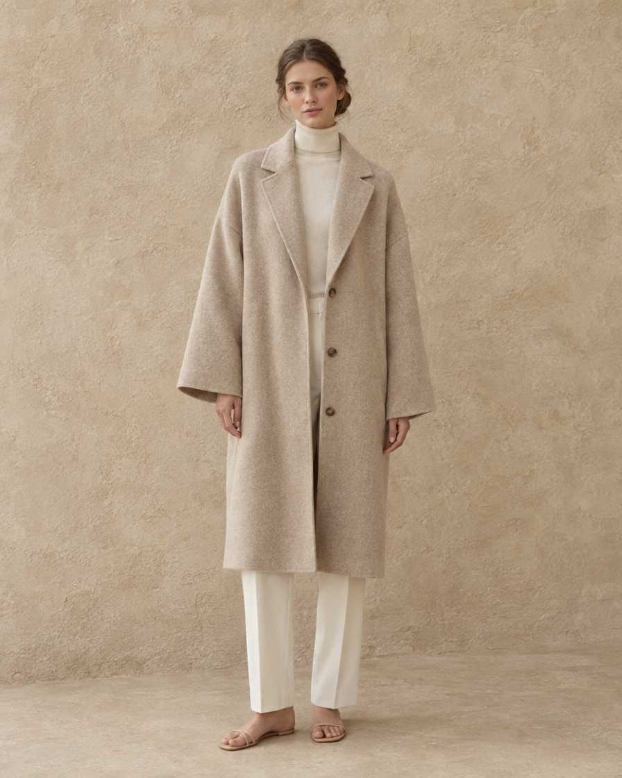ONORA Ashbourne Oversized Wool-Blend Coat — full length front, Beige