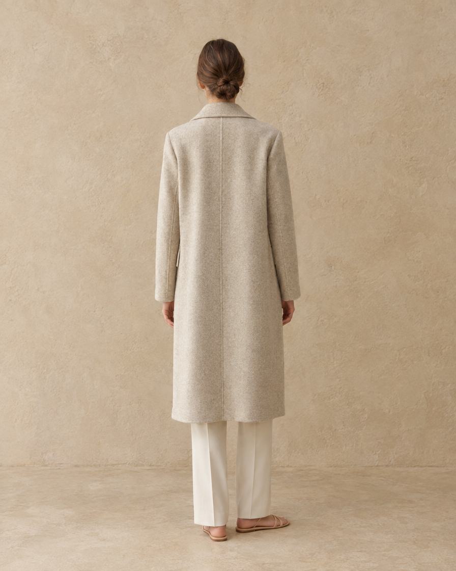 ONORA Ashford Long Double-Breasted Overcoat — full length back