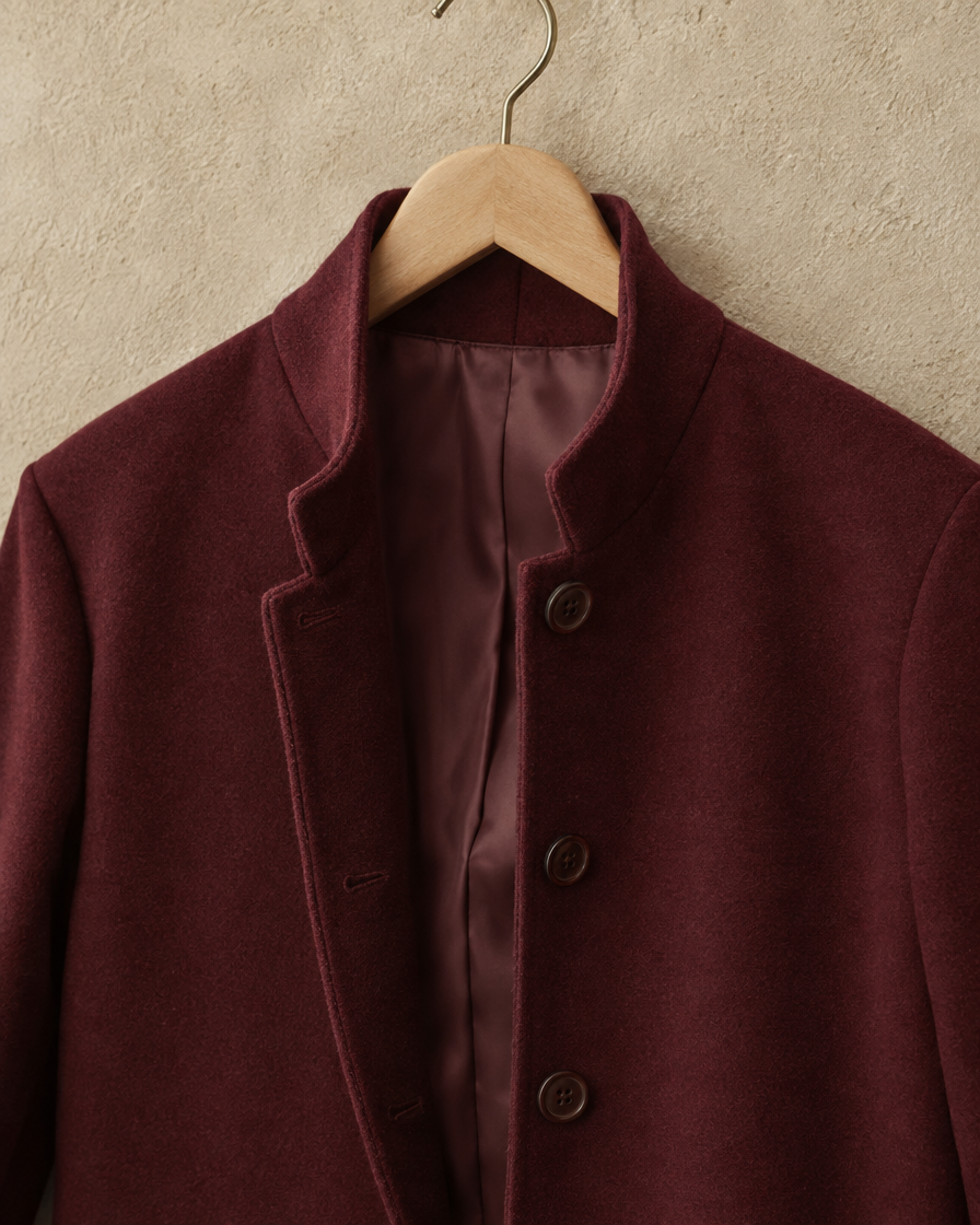 Fitted Stand-Collar Coat with Lined Body — collar, buttons and lining detail