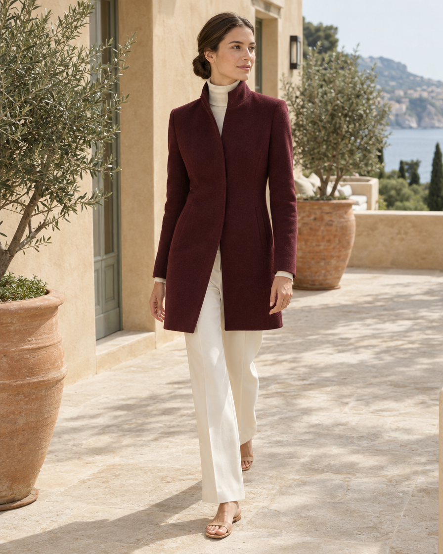 Fitted Stand-Collar Coat with Lined Body — worn outdoors
