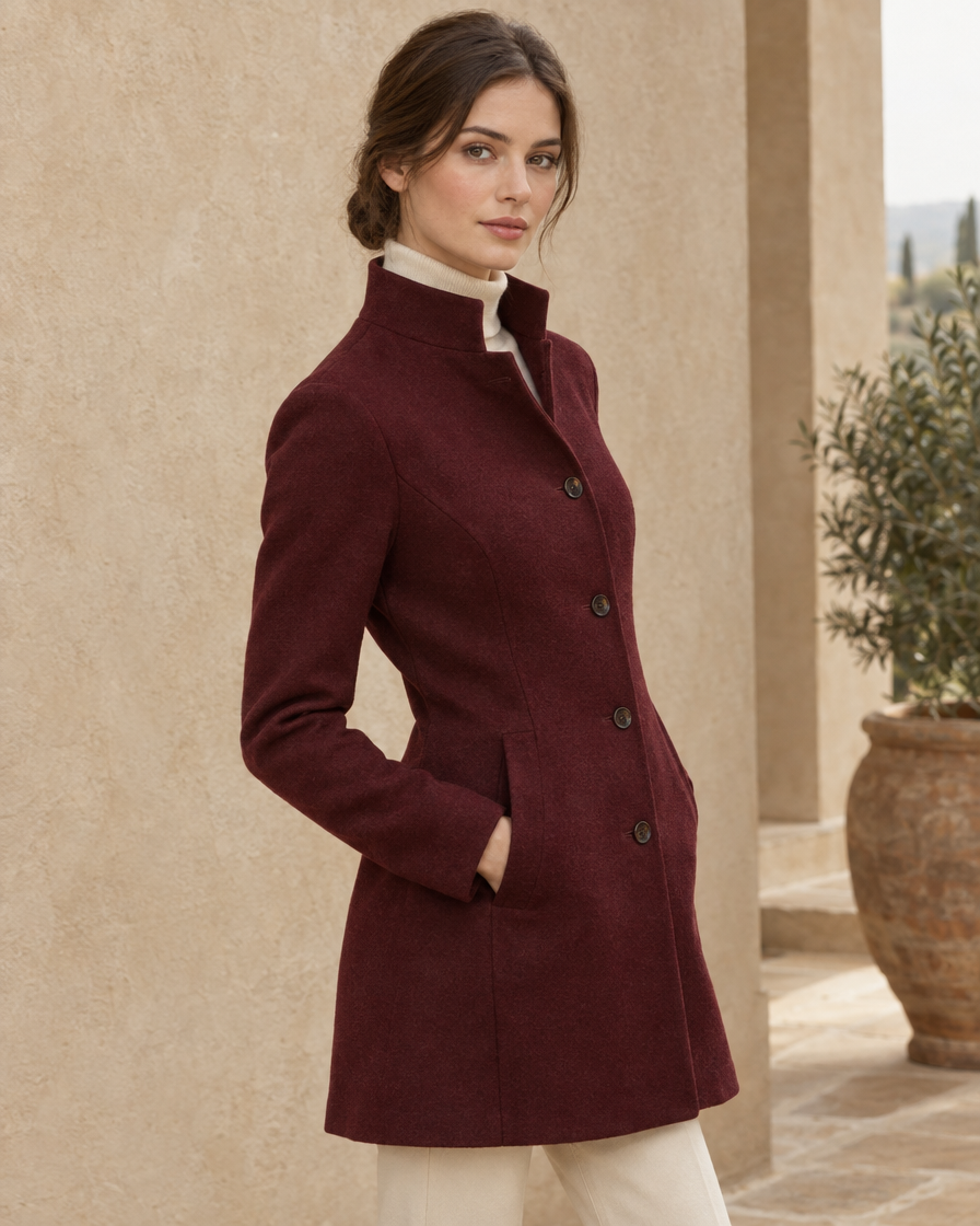 Fitted Stand-Collar Coat with Lined Body — three-quarter view