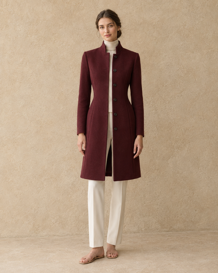 Fitted Stand-Collar Coat with Lined Body — full length front, Burgundy