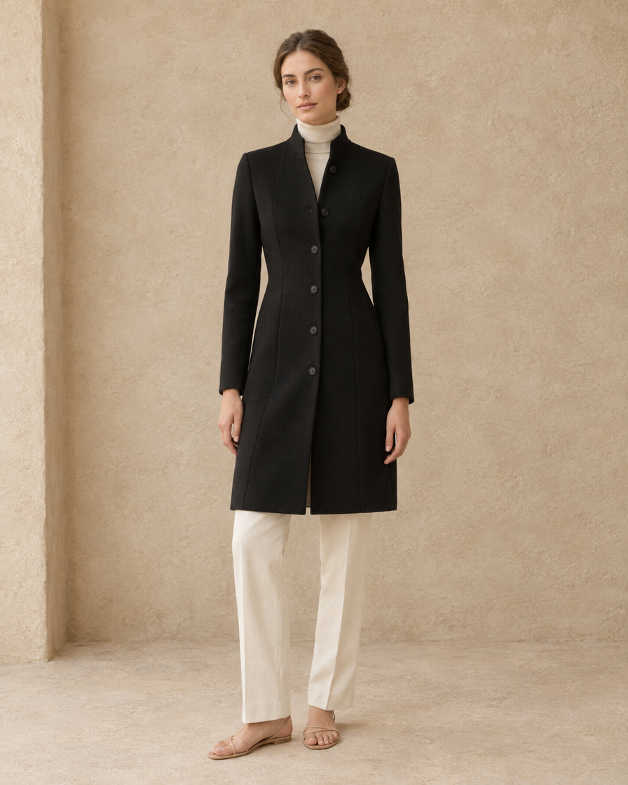 Fitted Stand-Collar Coat with Lined Body — Black