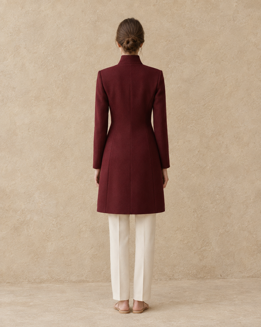 Fitted Stand-Collar Coat with Lined Body — full length back