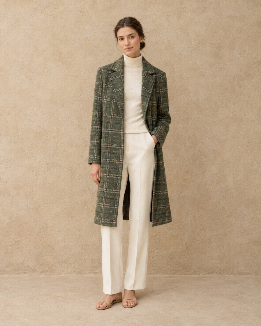 Green Plaid Coat with Notched Lapel — worn open
