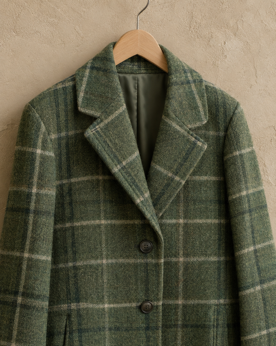 Green Plaid Coat with Notched Lapel — lapel and plaid detail