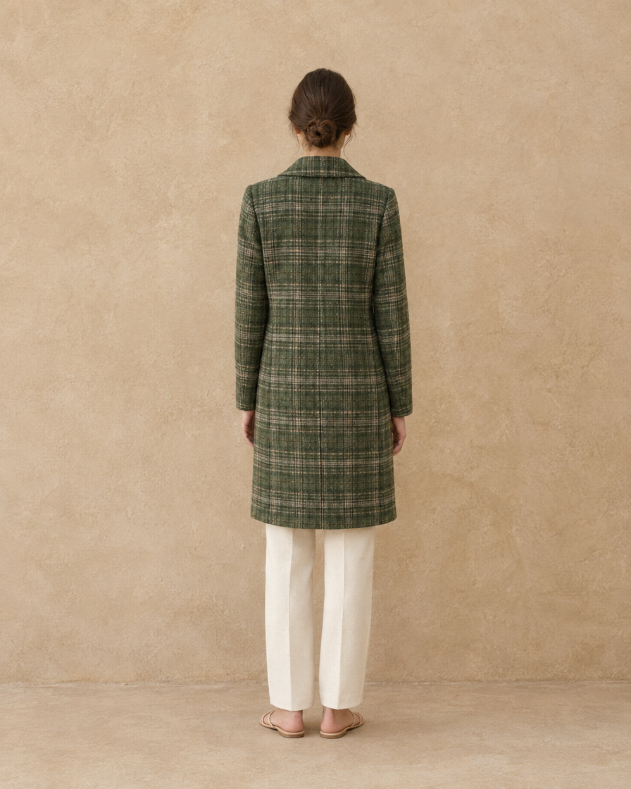 Green Plaid Coat with Notched Lapel — full length back