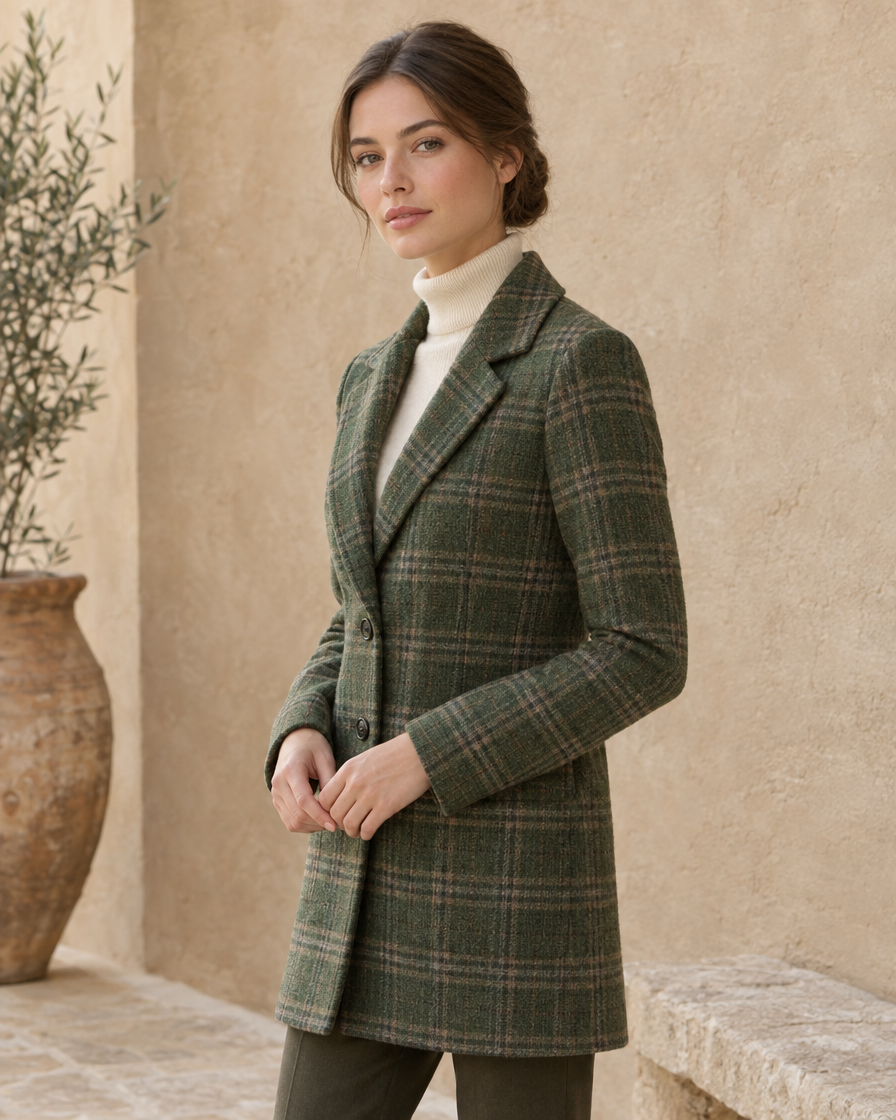 Green Plaid Coat with Notched Lapel — three-quarter view