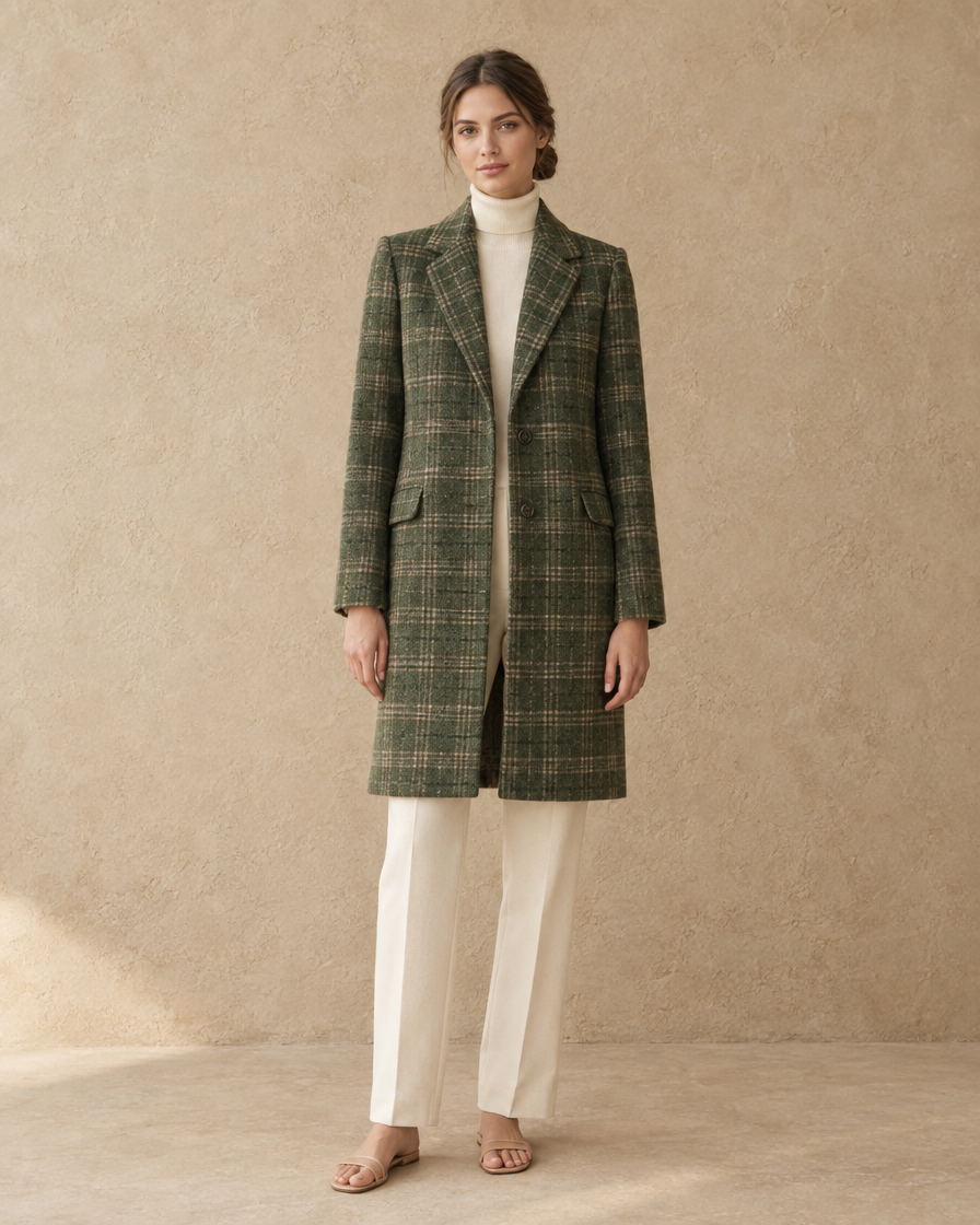 ONORA Birchwood Plaid Notched-Lapel Coat — full length front, Green