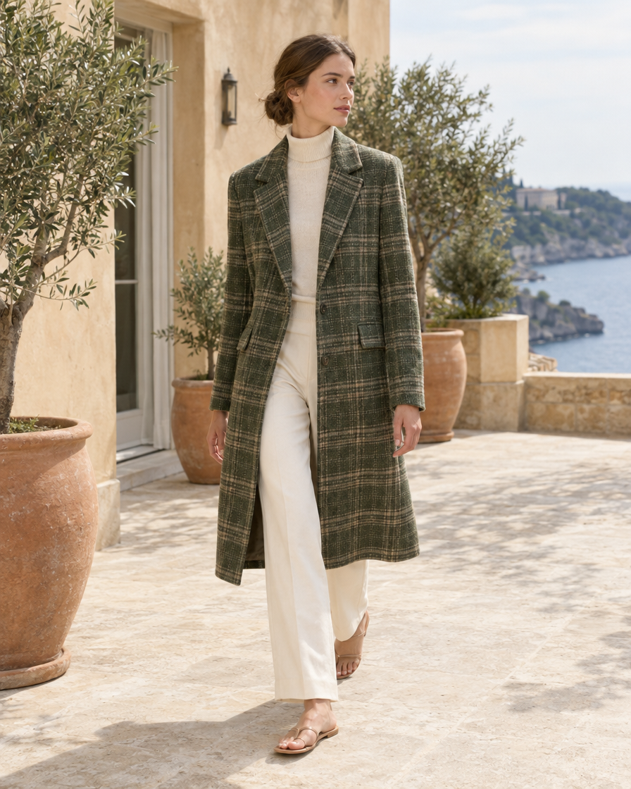 Green Plaid Coat with Notched Lapel — worn outdoors