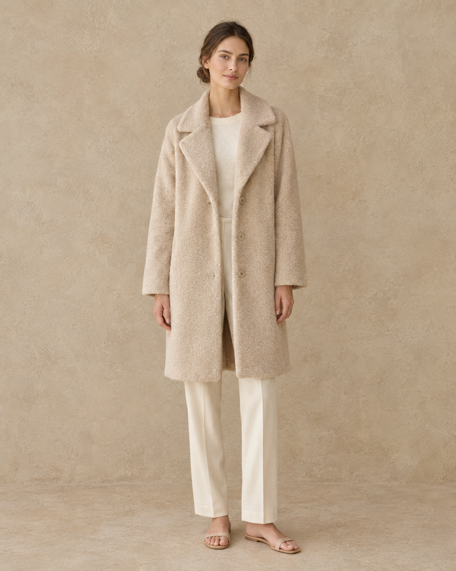 ONORA Bramble Fleece Lapel Coat — full length front, Beige