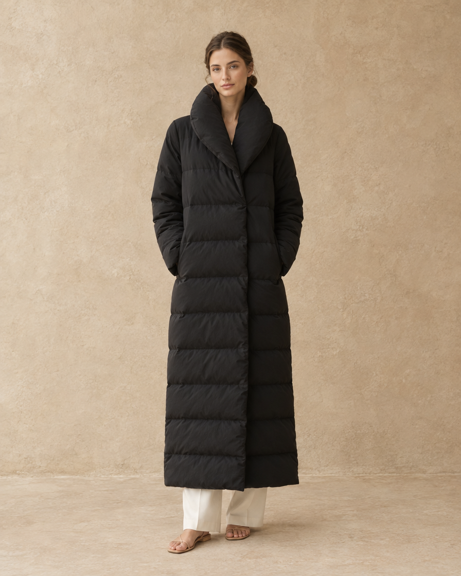 ONORA Brackley Oversized-Collar Long Puffer Coat — full length front, Black