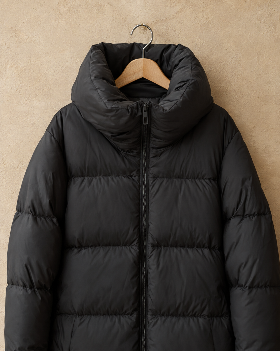 ONORA Brackley Oversized-Collar Long Puffer Coat — oversized collar detail