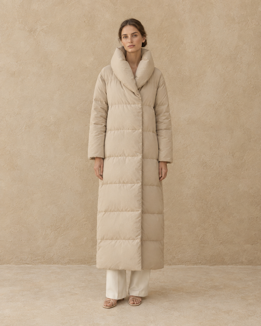 ONORA Brackley Oversized-Collar Long Puffer Coat — Beige