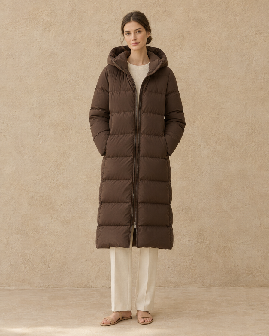 ONORA Chalet Extra-Long Hooded Puffer Parka — full length front, Coffee
