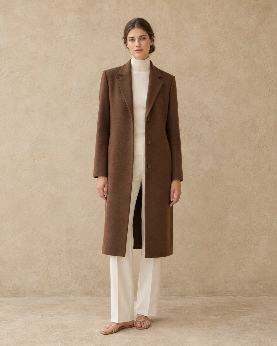 ONORA Chatham Straight-Cut Button-Front Coat — full length front, Brown